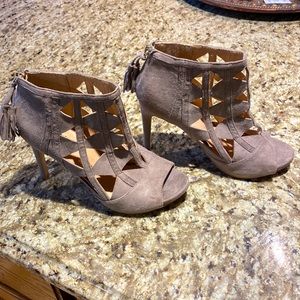 Stylish Cut-out style Open Toe Beige Suede Heels